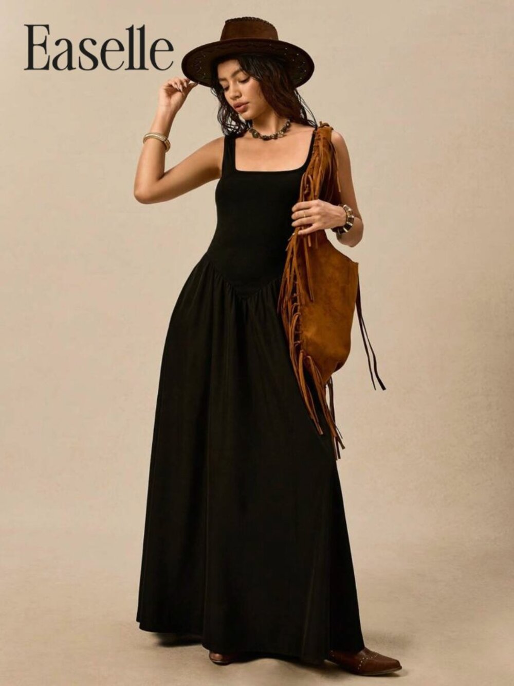 Easelle Pure Black Long Knitted Maxi Dress